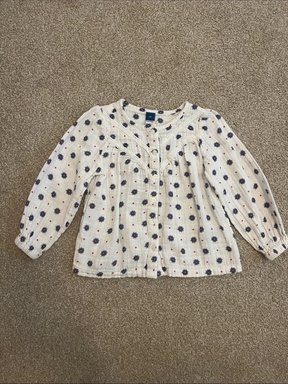 Cream Button-Front Floral Peasant Top